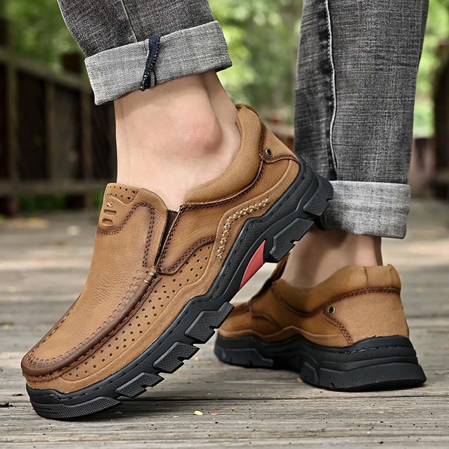 Men's Premium Casual Sneakers, Side Perforated Design, Leather Walking Sneakers, Driving Shoes, Outdoor Sneakers, Comfortable, Soft, Breathable, Non-Slip