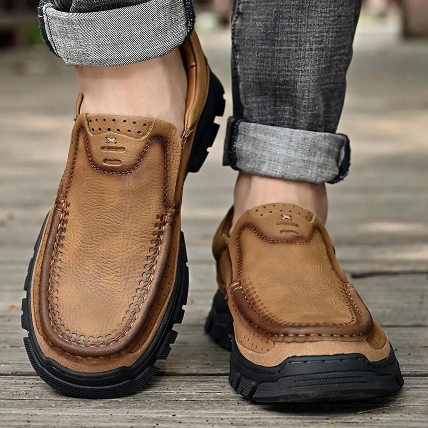 Men's Premium Casual Sneakers, Side Perforated Design, Leather Walking Sneakers, Driving Shoes, Outdoor Sneakers, Comfortable, Soft, Breathable, Non-Slip