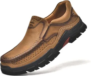 Men's Premium Casual Sneakers, Side Perforated Design, Leather Walking Sneakers, Driving Shoes, Outdoor Sneakers, Comfortable, Soft, Breathable, Non-Slip