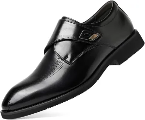 Mens Retro Monk Strap Leather Slip-On Dress Loafers Classic Low Top Wingtip Pointed Toe for Work Office Business