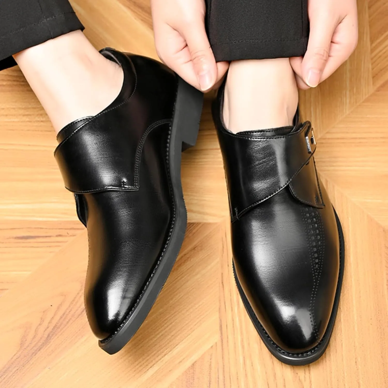 Mens Retro Monk Strap Leather Slip-On Dress Loafers Classic Low Top Wingtip Pointed Toe for Work Office Business