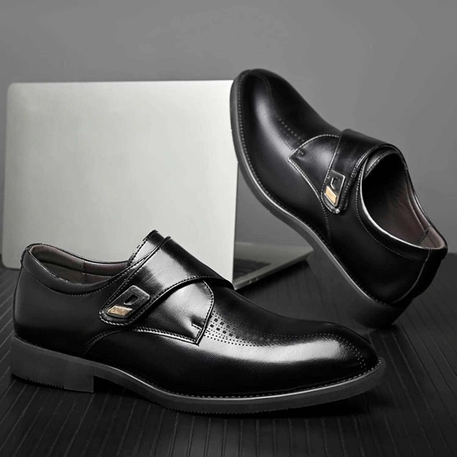 Mens Retro Monk Strap Leather Slip-On Dress Loafers Classic Low Top Wingtip Pointed Toe for Work Office Business