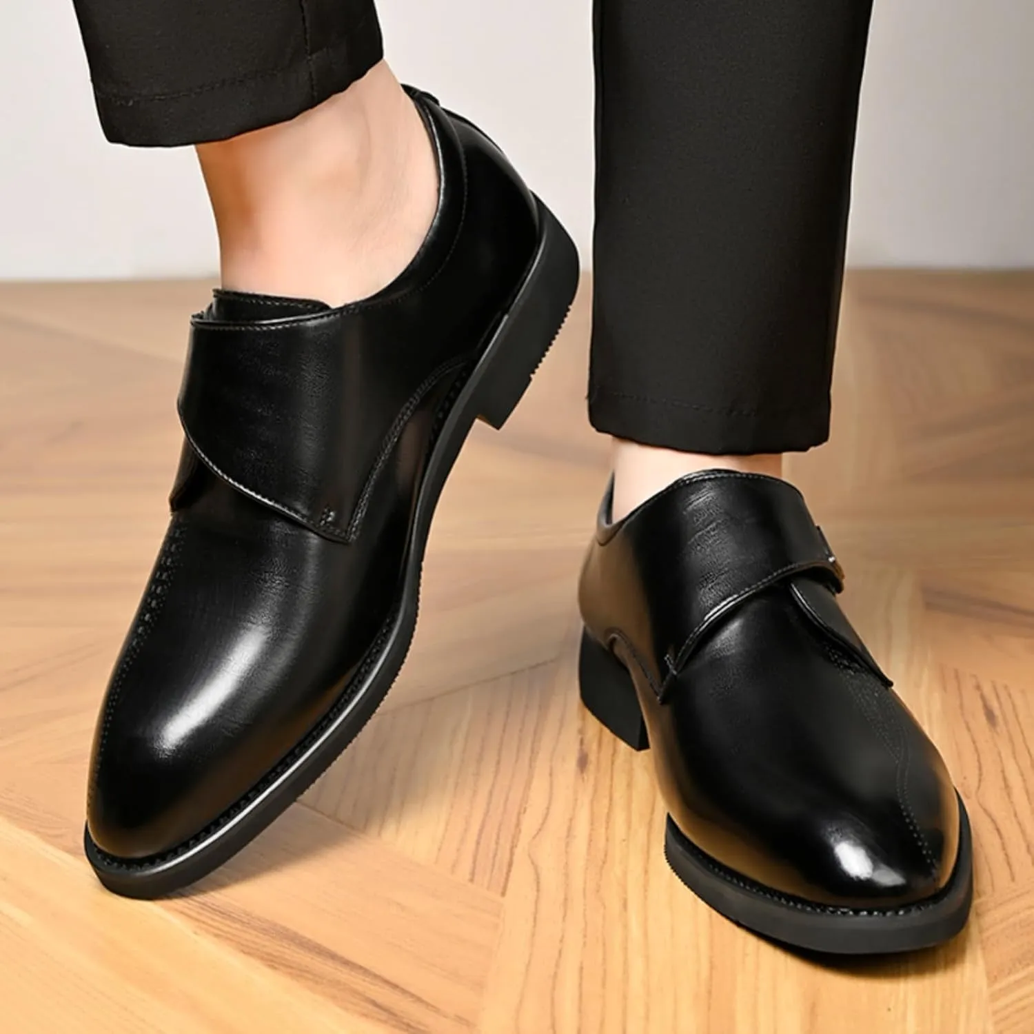 Mens Retro Monk Strap Leather Slip-On Dress Loafers Classic Low Top Wingtip Pointed Toe for Work Office Business