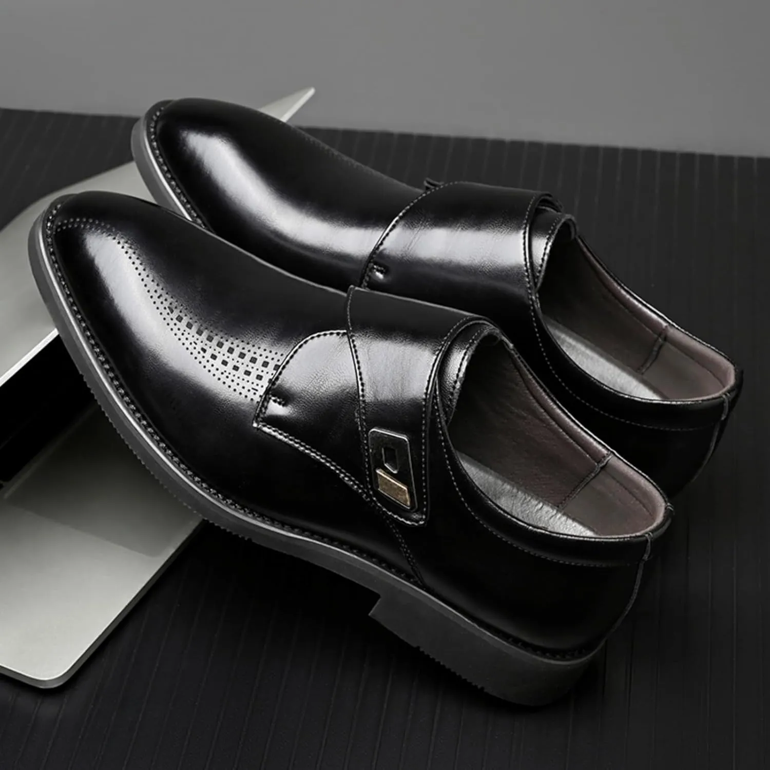 Mens Retro Monk Strap Leather Slip-On Dress Loafers Classic Low Top Wingtip Pointed Toe for Work Office Business