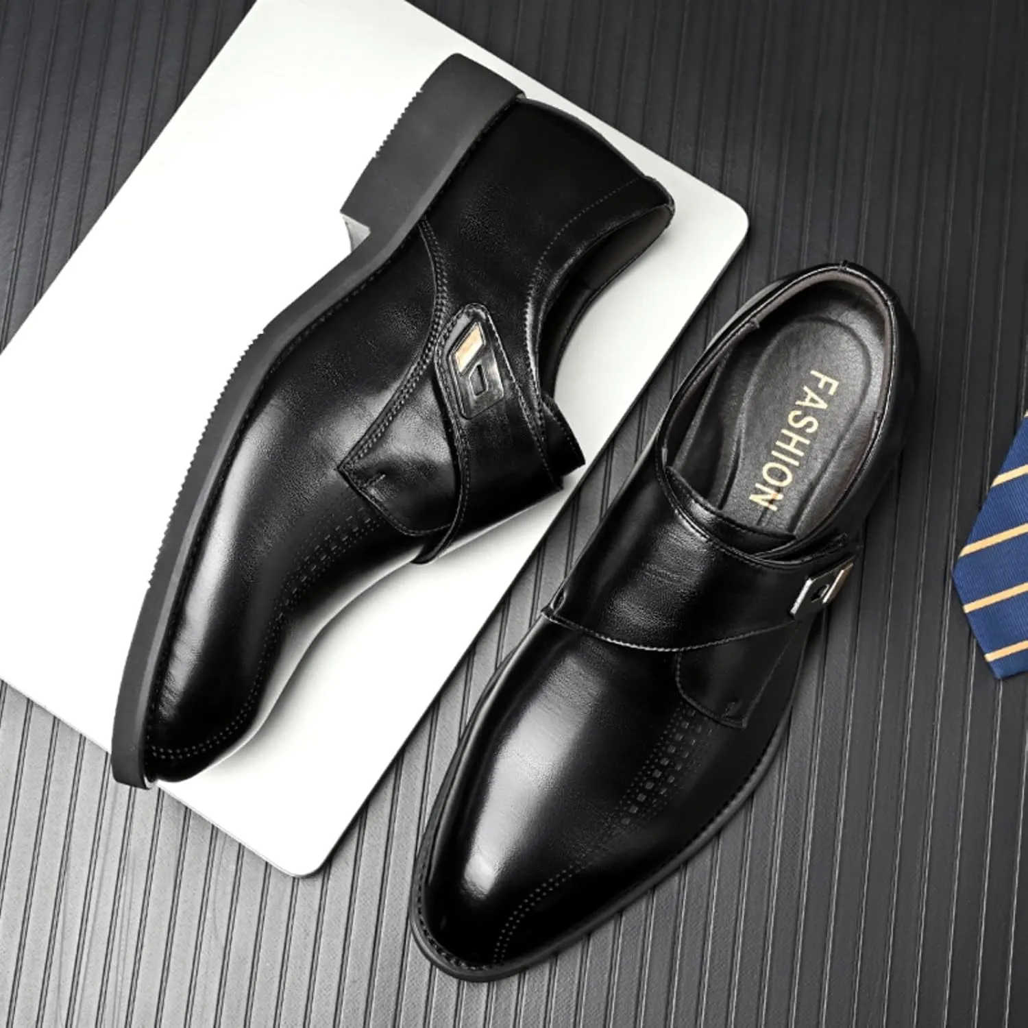 Mens Retro Monk Strap Leather Slip-On Dress Loafers Classic Low Top Wingtip Pointed Toe for Work Office Business