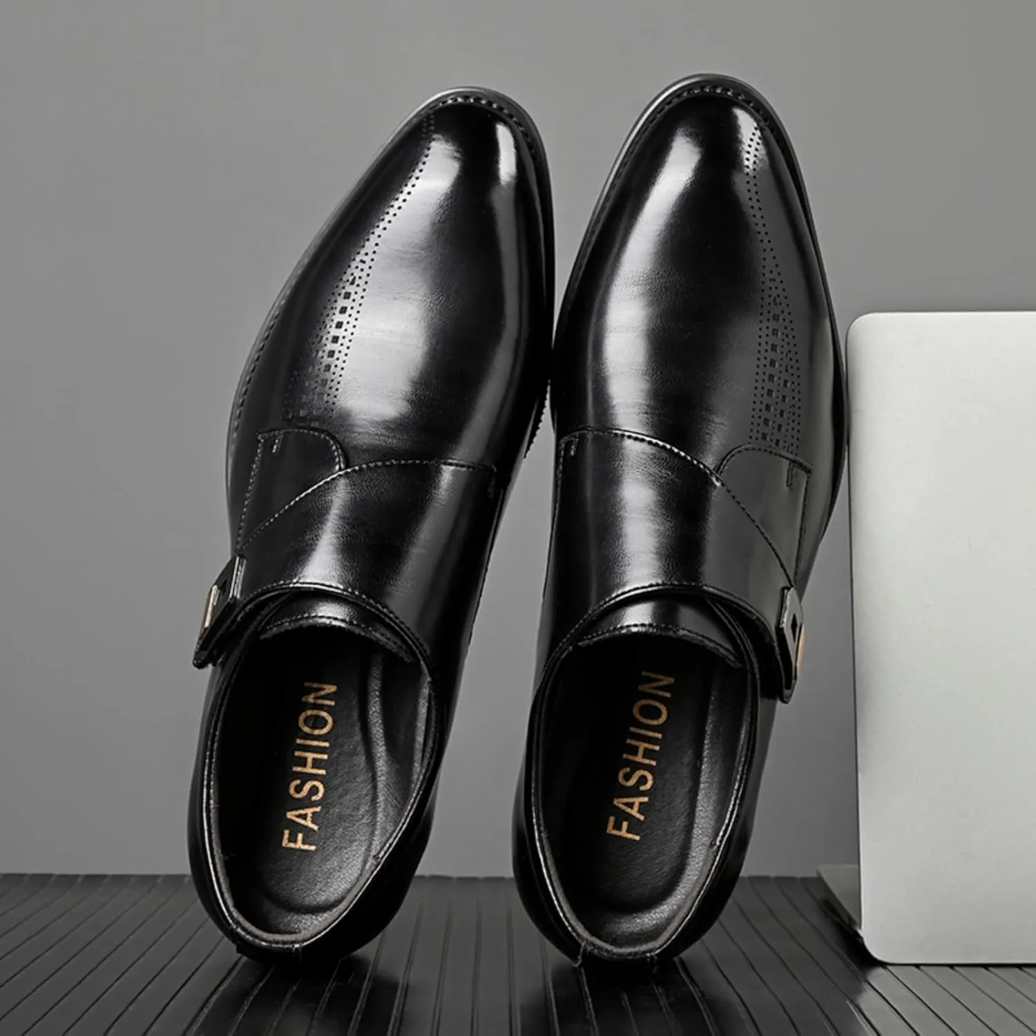 Mens Retro Monk Strap Leather Slip-On Dress Loafers Classic Low Top Wingtip Pointed Toe for Work Office Business
