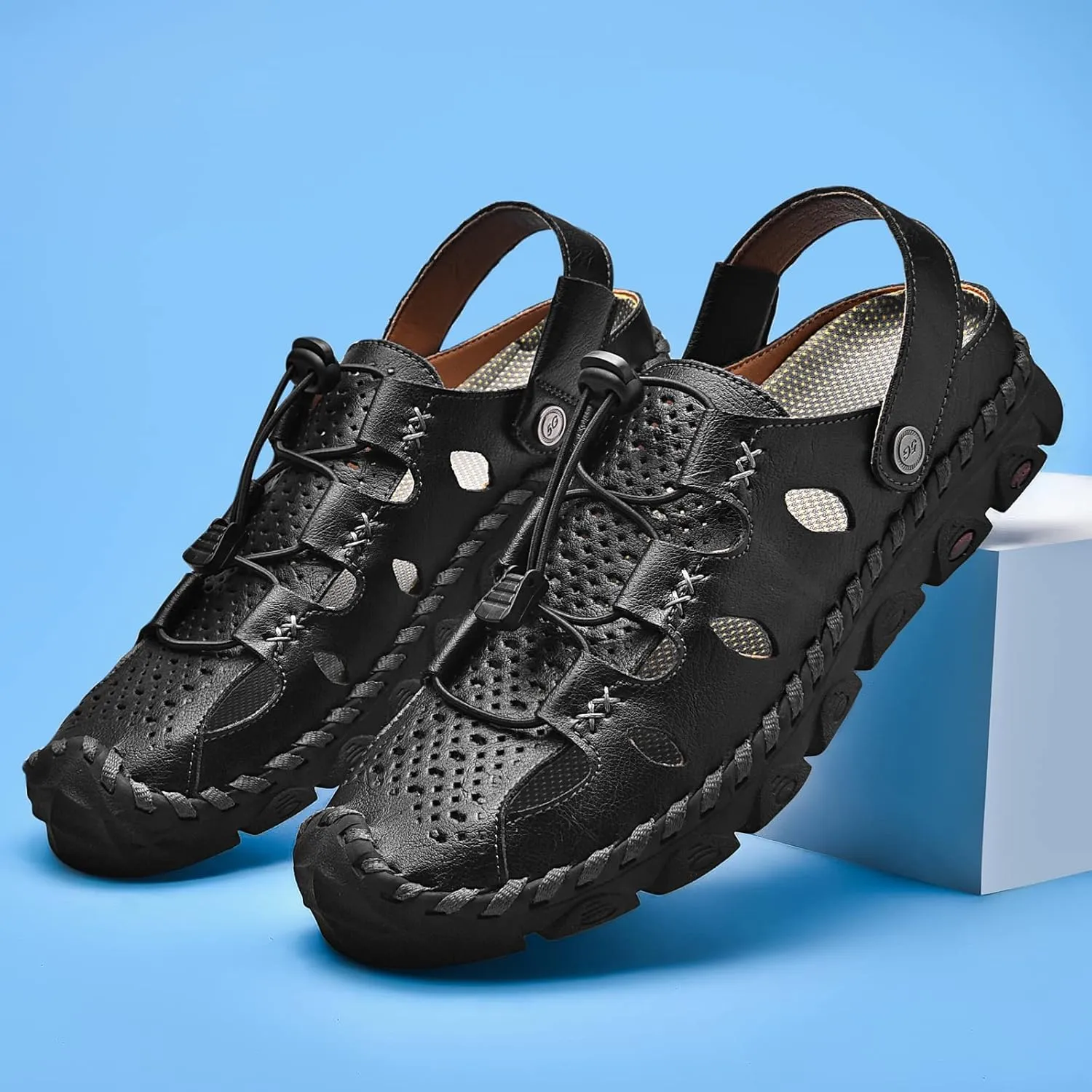 Mens Sandals Leather Closed Toe Outdoor Summer Anti-Slip Beach Sandals
