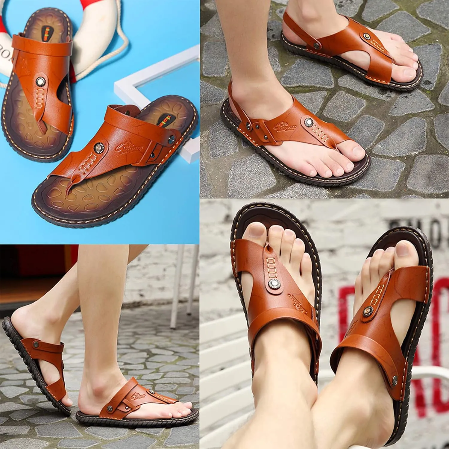 Mens Sandals Slippers Slip On Flip Flops for Men Shoes Leather Toe Ring Style Beach