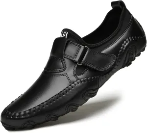 Men's Slip-On Leather Loafers with Adjustable Stickers Lightweight&Soft Round Toe Penny Loafers Low-Top Flats Moccasin Boat Shoes for Driving Walking