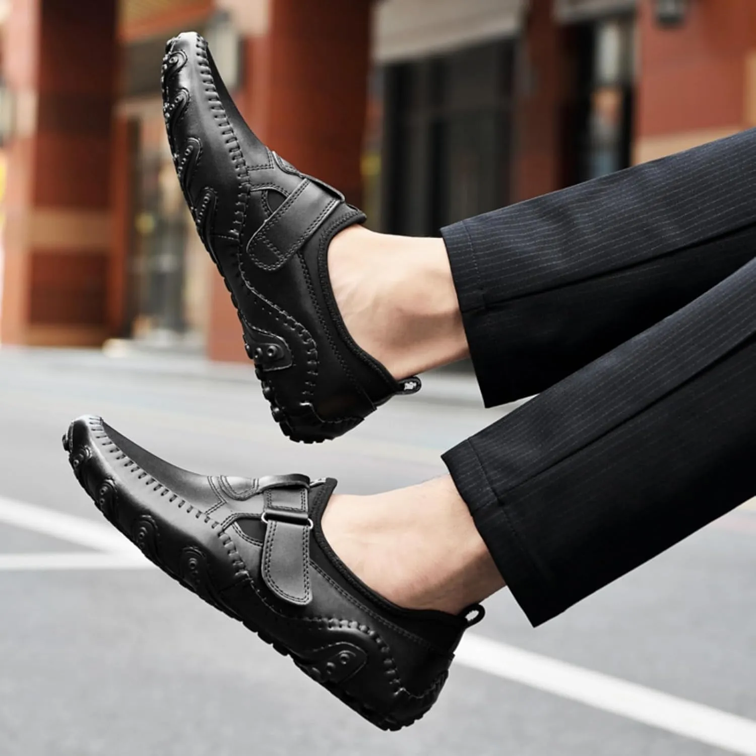 Men's Slip-On Leather Loafers with Adjustable Stickers Lightweight&Soft Round Toe Penny Loafers Low-Top Flats Moccasin Boat Shoes for Driving Walking