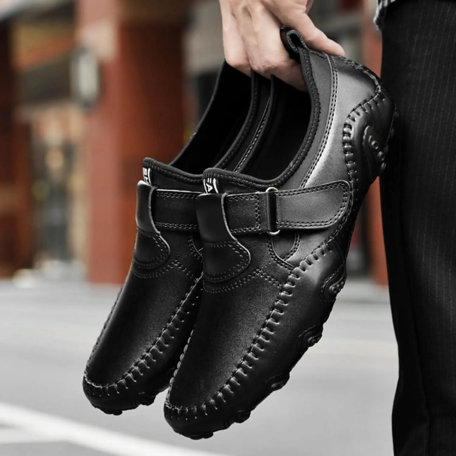Men's Slip-On Leather Loafers with Adjustable Stickers Lightweight&Soft Round Toe Penny Loafers Low-Top Flats Moccasin Boat Shoes for Driving Walking