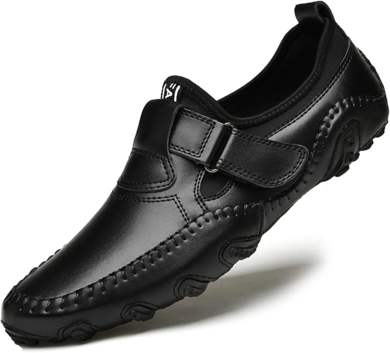 Men's Slip-On Leather Loafers with Adjustable Stickers Lightweight&Soft Round Toe Penny Loafers Low-Top Flats Moccasin Boat Shoes for Driving Walking