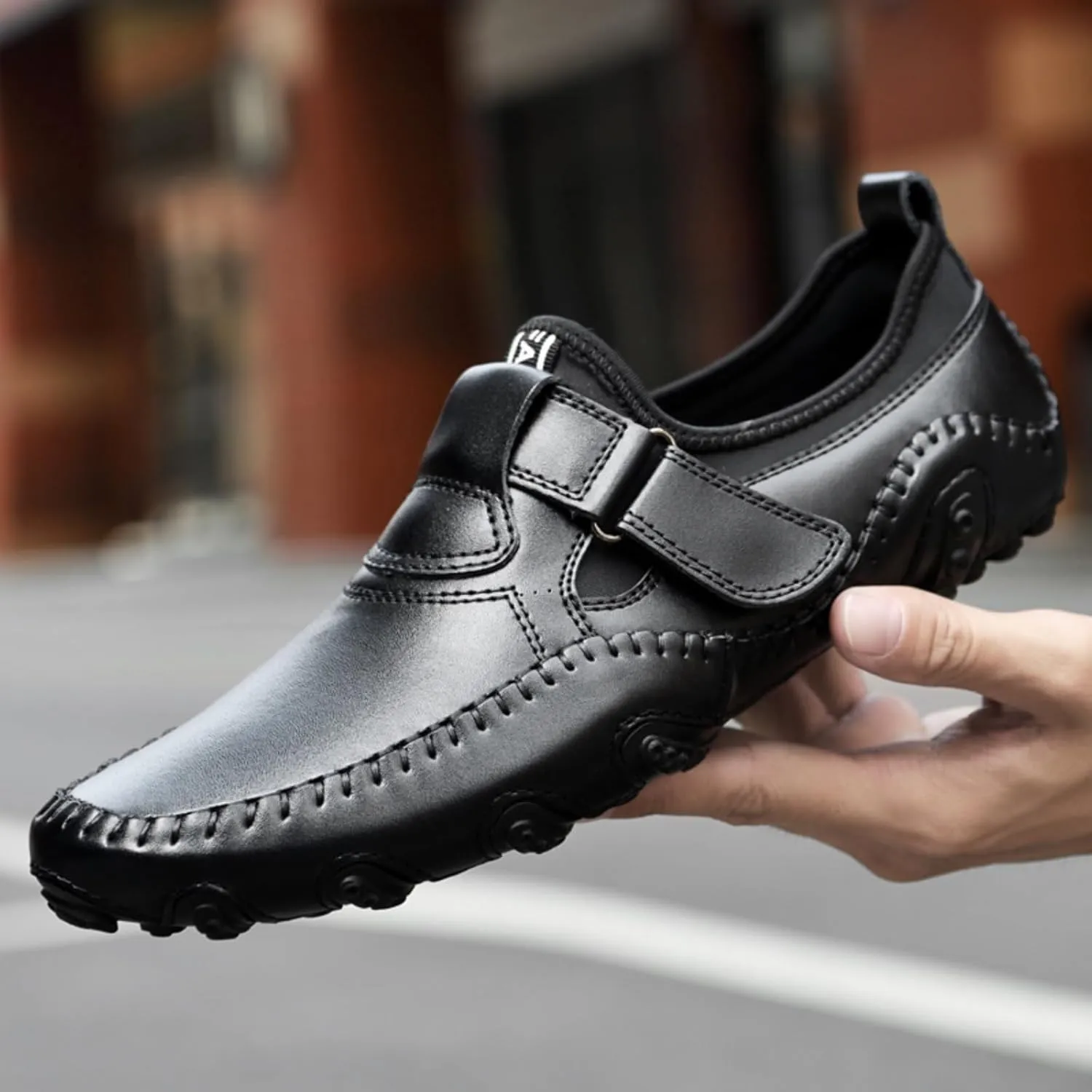Men's Slip-On Leather Loafers with Adjustable Stickers Lightweight&Soft Round Toe Penny Loafers Low-Top Flats Moccasin Boat Shoes for Driving Walking