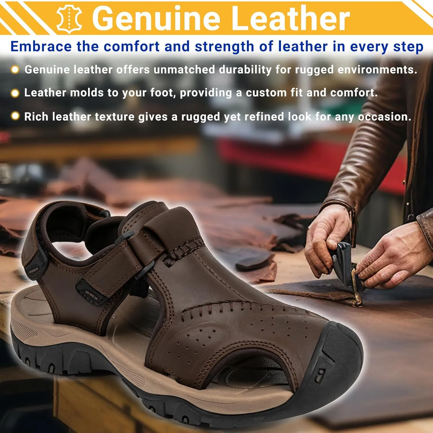 Men's Sport Sandals Closed Toe Leather Hiking Athletic Walking Outdoor Beach Trail River Fishing Water Shoes Lightweight Comfortable Waterproof