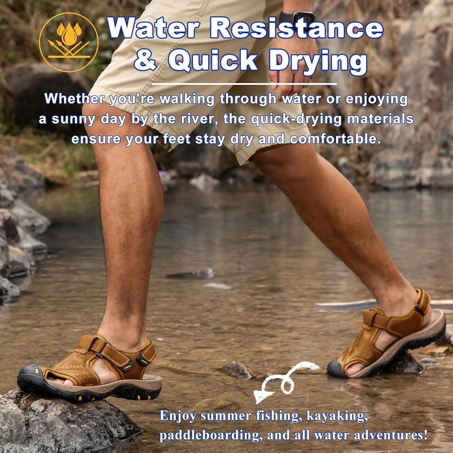 Men's Sport Sandals Closed Toe Leather Hiking Athletic Walking Outdoor Beach Trail River Fishing Water Shoes Lightweight Comfortable Waterproof