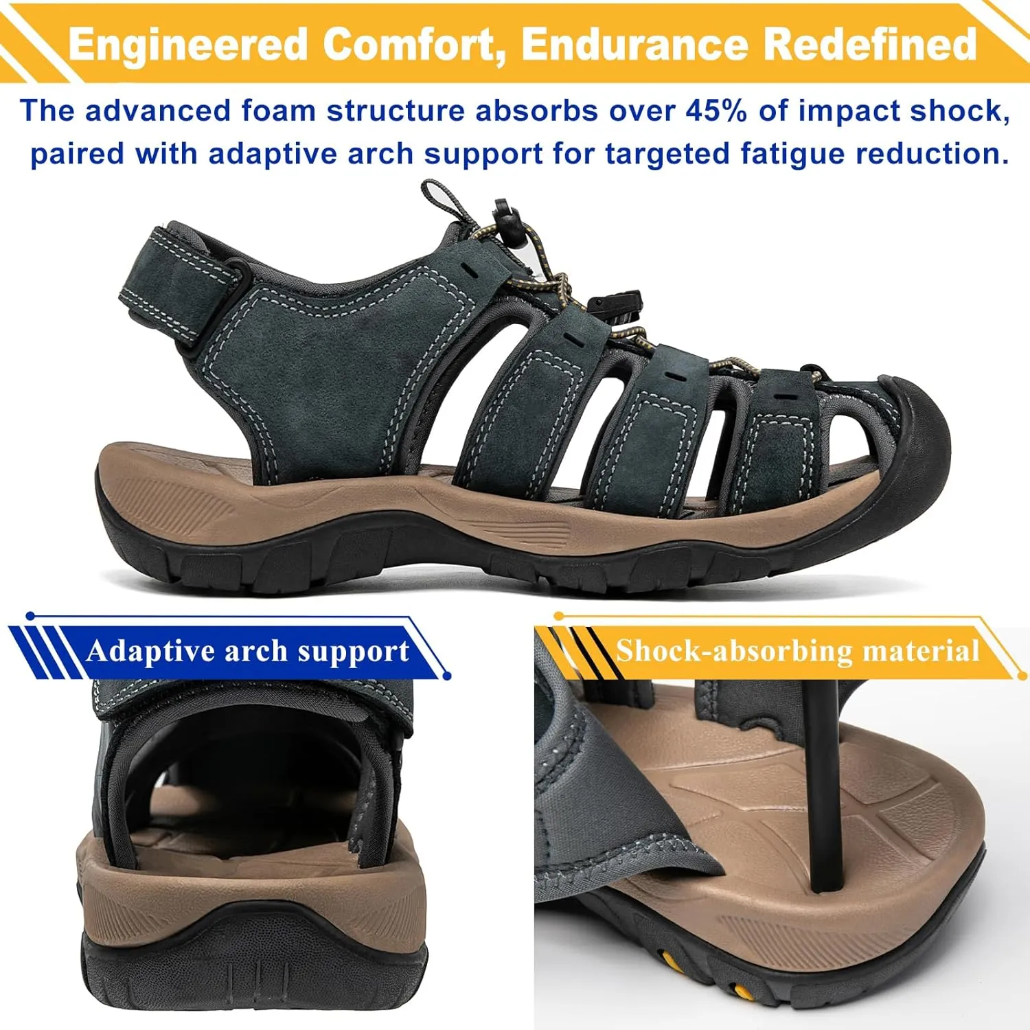 Men's Sport Sandals Closed Toe Leather Hiking Athletic Walking Outdoor Beach Trail River Fishing Water Shoes Lightweight Comfortable Waterproof
