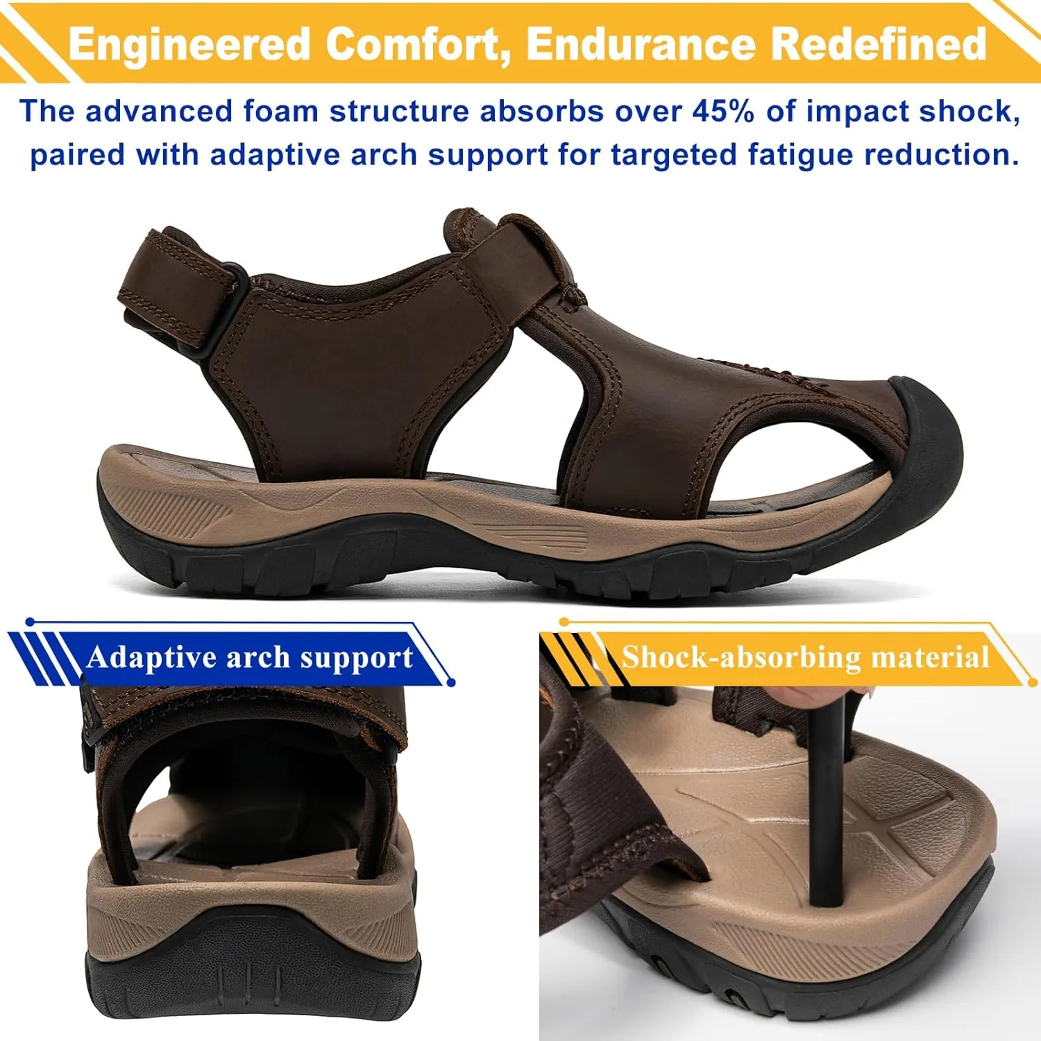 Men's Sport Sandals Closed Toe Leather Hiking Athletic Walking Outdoor Beach Trail River Fishing Water Shoes Lightweight Comfortable Waterproof