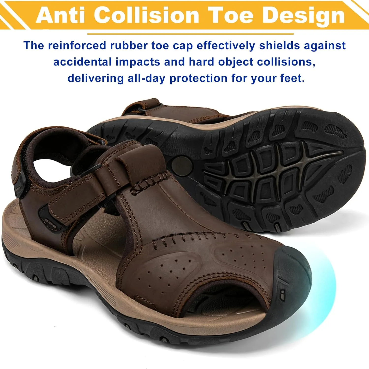 Men's Sport Sandals Closed Toe Leather Hiking Athletic Walking Outdoor Beach Trail River Fishing Water Shoes Lightweight Comfortable Waterproof
