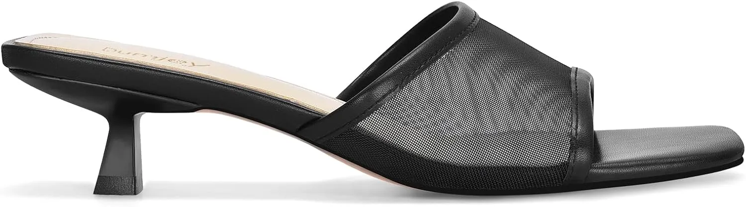 Mesh Heel Mules for Women Kitten Heeled Sandals Square Open Toe Comfort Slip On Casual Shoes