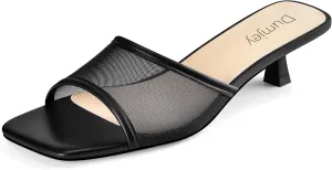 Mesh Heel Mules for Women Kitten Heeled Sandals Square Open Toe Comfort Slip On Casual Shoes