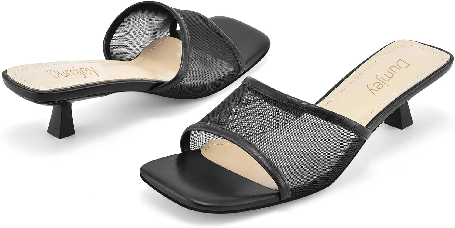 Mesh Heel Mules for Women Kitten Heeled Sandals Square Open Toe Comfort Slip On Casual Shoes
