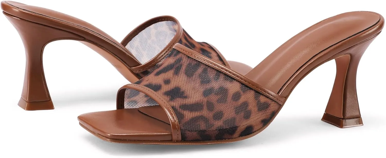 Mesh Mule Heels for Women Kitten Heel Sandals Open Square Toe Heeled Sandals Slip On Mules