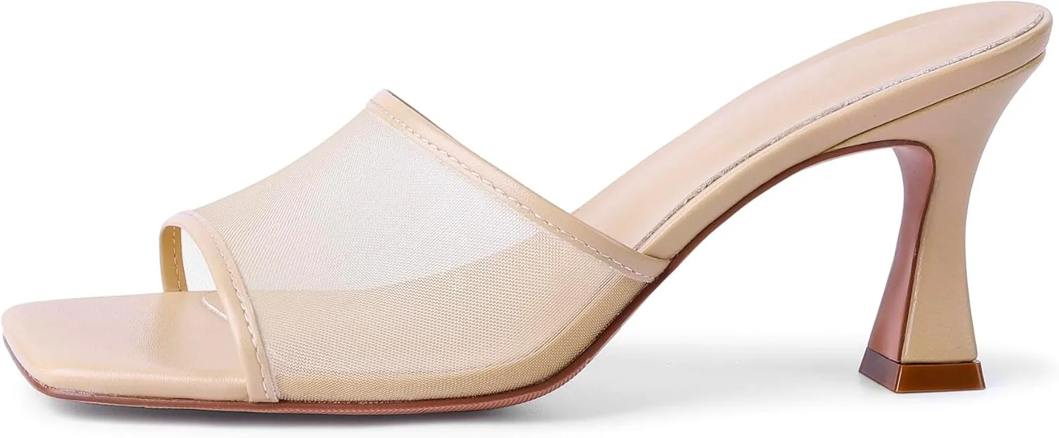 Mesh Mule Heels for Women Kitten Heel Sandals Open Square Toe Heeled Sandals Slip On Mules