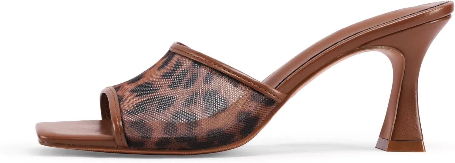 Mesh Mule Heels for Women Kitten Heel Sandals Open Square Toe Heeled Sandals Slip On Mules