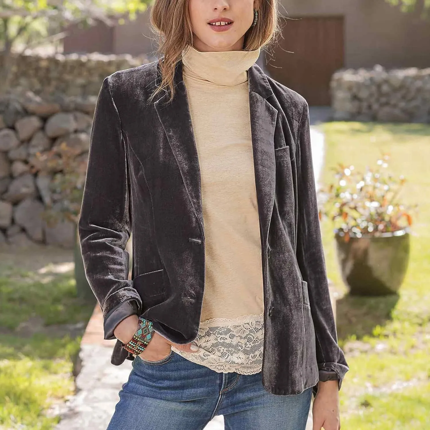 Mintlimit Women's Velvet Blazer Jacket - Long Sleeve V Neck Coat