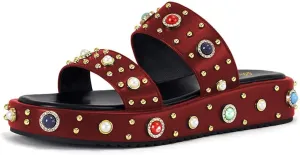 miss left Women Charming Open Toe Jewelled Slide Sandals Platform Comfy Insole Slip on Mules Lightweight Summer Leisure Daily Slippers Size 4-16 US