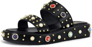 miss left Women Charming Open Toe Jewelled Slide Sandals Platform Comfy Insole Slip on Mules Lightweight Summer Leisure Daily Slippers Size 4-16 US