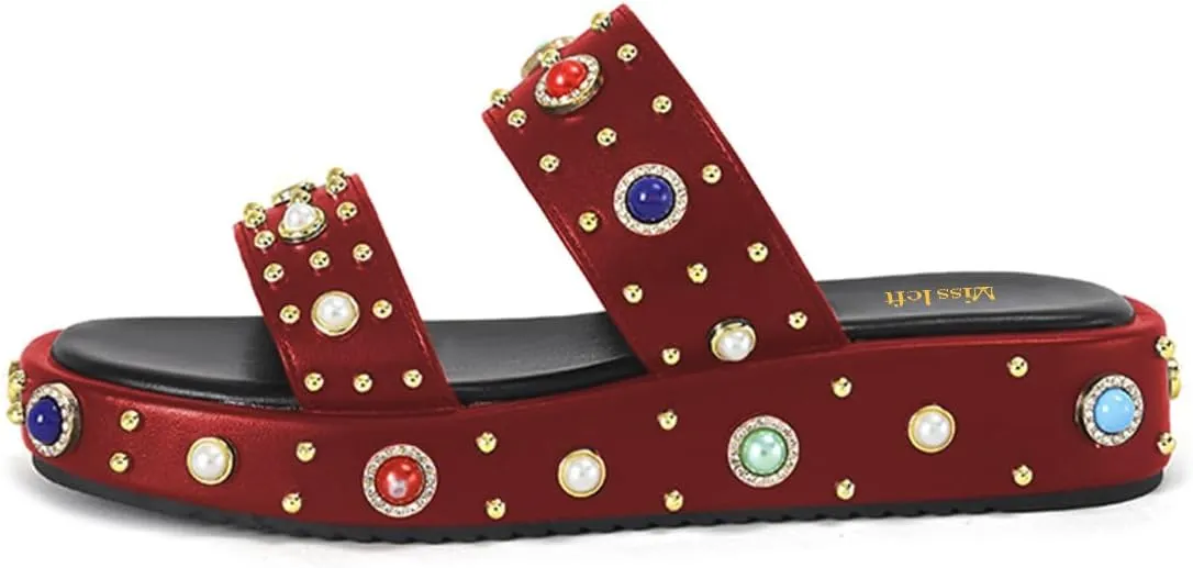 miss left Women Charming Open Toe Jewelled Slide Sandals Platform Comfy Insole Slip on Mules Lightweight Summer Leisure Daily Slippers Size 4-16 US