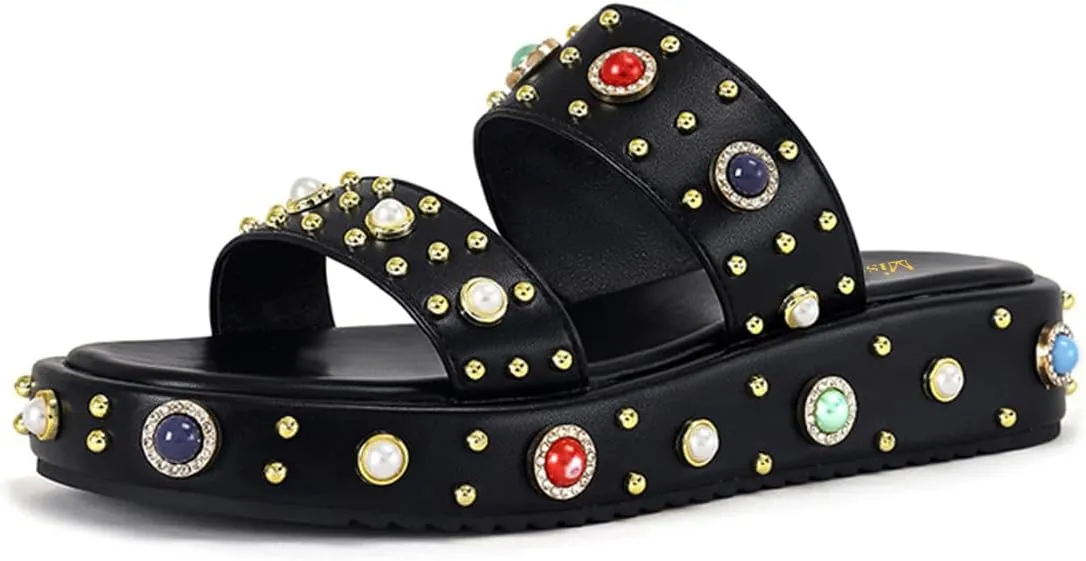 miss left Women Charming Open Toe Jewelled Slide Sandals Platform Comfy Insole Slip on Mules Lightweight Summer Leisure Daily Slippers Size 4-16 US