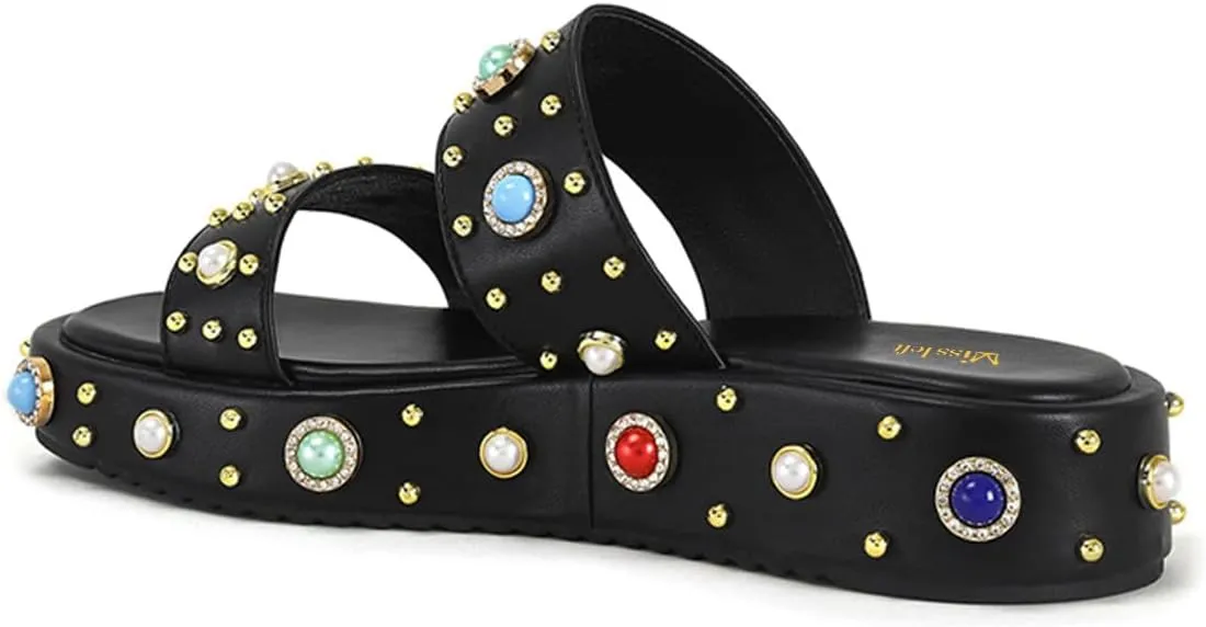 miss left Women Charming Open Toe Jewelled Slide Sandals Platform Comfy Insole Slip on Mules Lightweight Summer Leisure Daily Slippers Size 4-16 US