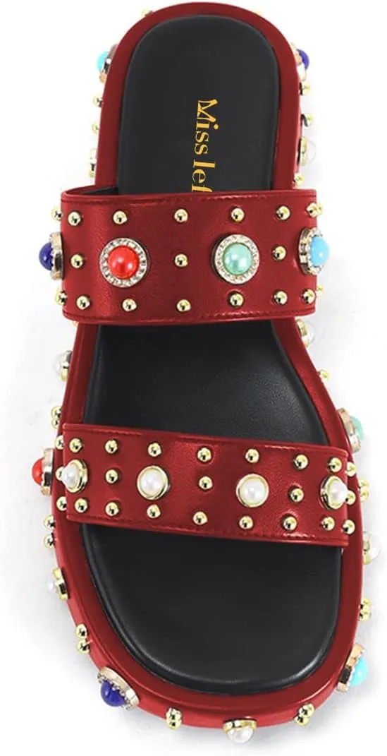 miss left Women Charming Open Toe Jewelled Slide Sandals Platform Comfy Insole Slip on Mules Lightweight Summer Leisure Daily Slippers Size 4-16 US