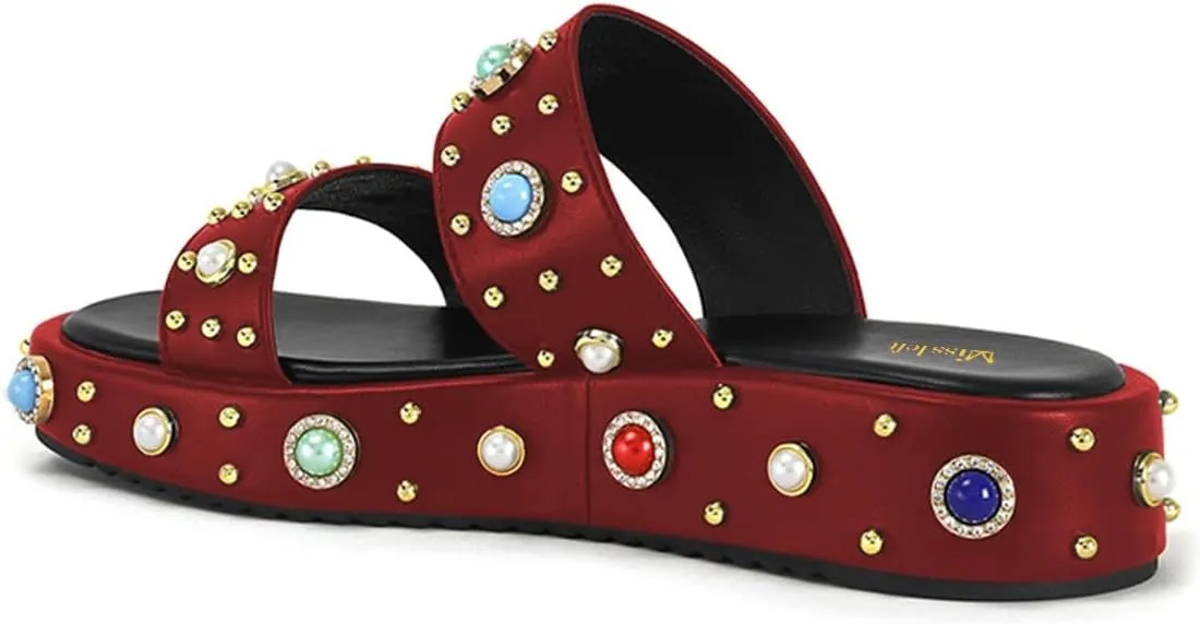 miss left Women Charming Open Toe Jewelled Slide Sandals Platform Comfy Insole Slip on Mules Lightweight Summer Leisure Daily Slippers Size 4-16 US
