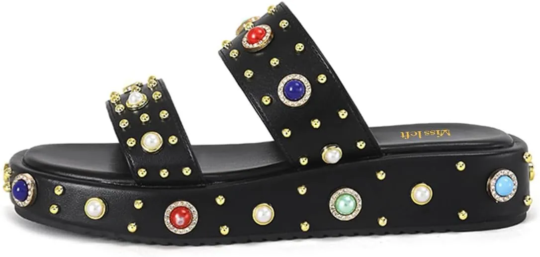 miss left Women Charming Open Toe Jewelled Slide Sandals Platform Comfy Insole Slip on Mules Lightweight Summer Leisure Daily Slippers Size 4-16 US