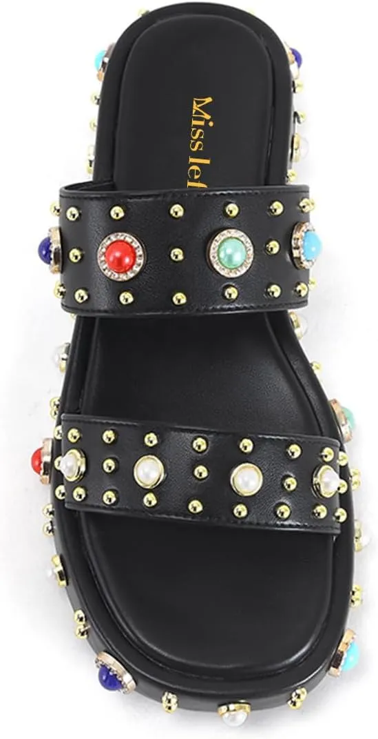 miss left Women Charming Open Toe Jewelled Slide Sandals Platform Comfy Insole Slip on Mules Lightweight Summer Leisure Daily Slippers Size 4-16 US