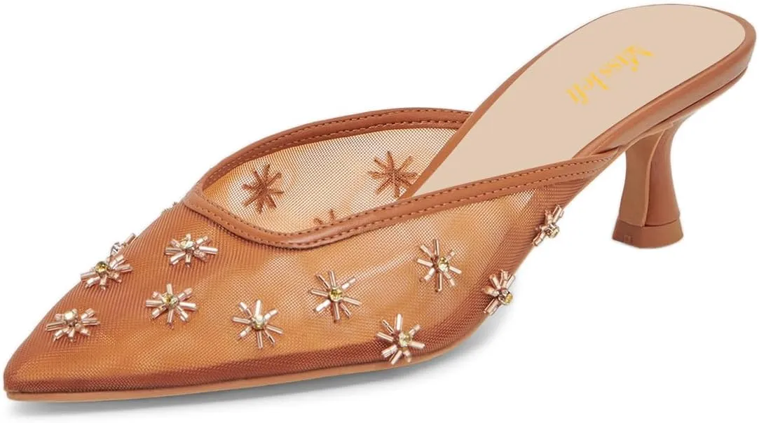 miss left Women Chic Flower Decor Fine Mesh Slip on Mules Pointed Toe Kitten Low Heel Casual Daily Slide Sandals Size 4-16 US