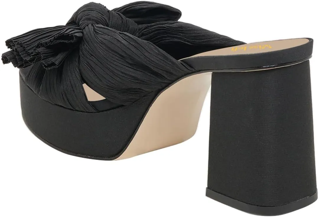miss left Women Chic Pleated Bow Knot Slip on Platform Mules Chunky High Heel Open Toe Summer Casual Party Slide Sandals Size 4-16 US