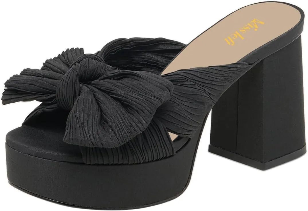 miss left Women Chic Pleated Bow Knot Slip on Platform Mules Chunky High Heel Open Toe Summer Casual Party Slide Sandals Size 4-16 US