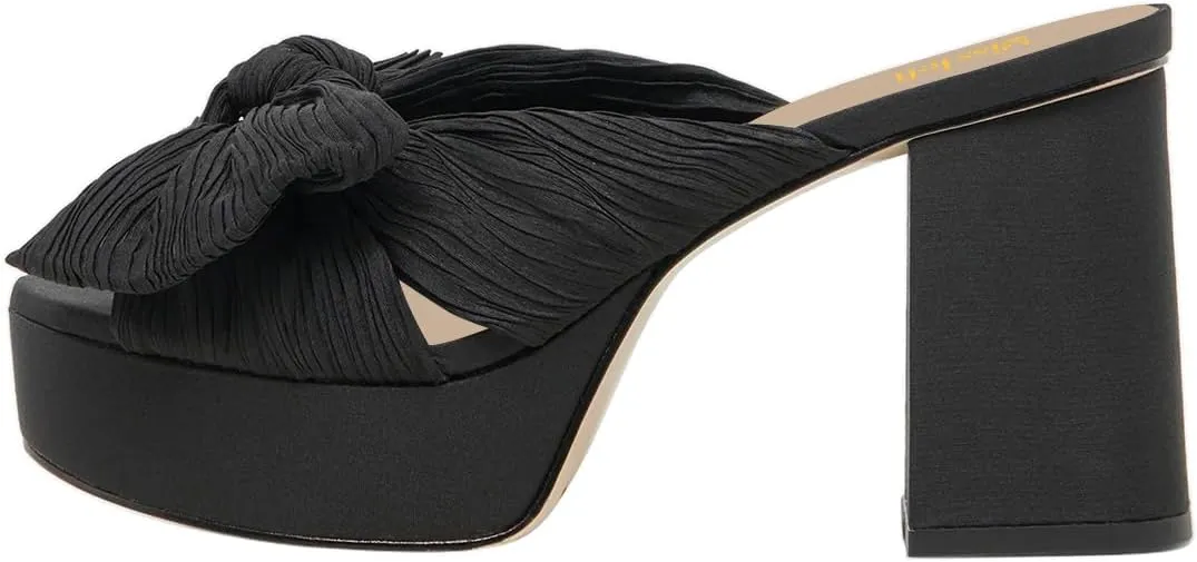 miss left Women Chic Pleated Bow Knot Slip on Platform Mules Chunky High Heel Open Toe Summer Casual Party Slide Sandals Size 4-16 US
