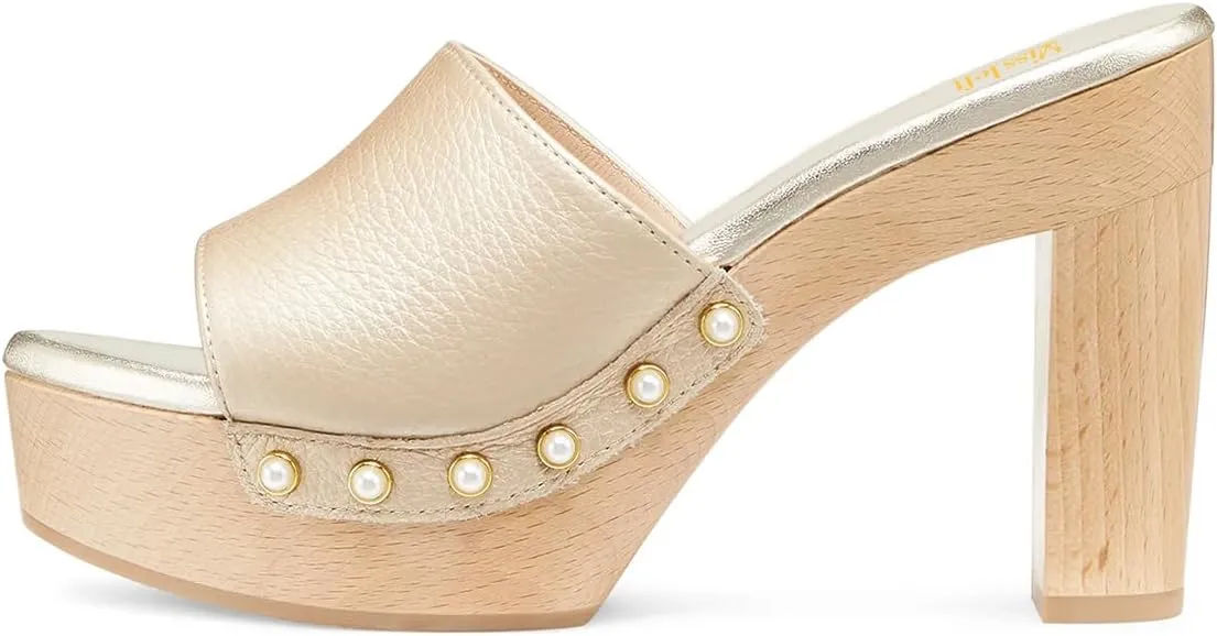 miss left Women Platform Chunky High Heel Mules Open Toe Studded Slide Sandals Slip on Party Dress Casual Shoes Size 4-16 US