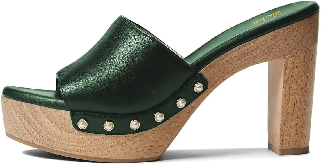 miss left Women Platform Chunky High Heel Mules Open Toe Studded Slide Sandals Slip on Party Dress Casual Shoes Size 4-16 US