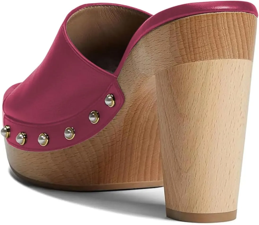 miss left Women Platform Chunky High Heel Mules Open Toe Studded Slide Sandals Slip on Party Dress Casual Shoes Size 4-16 US