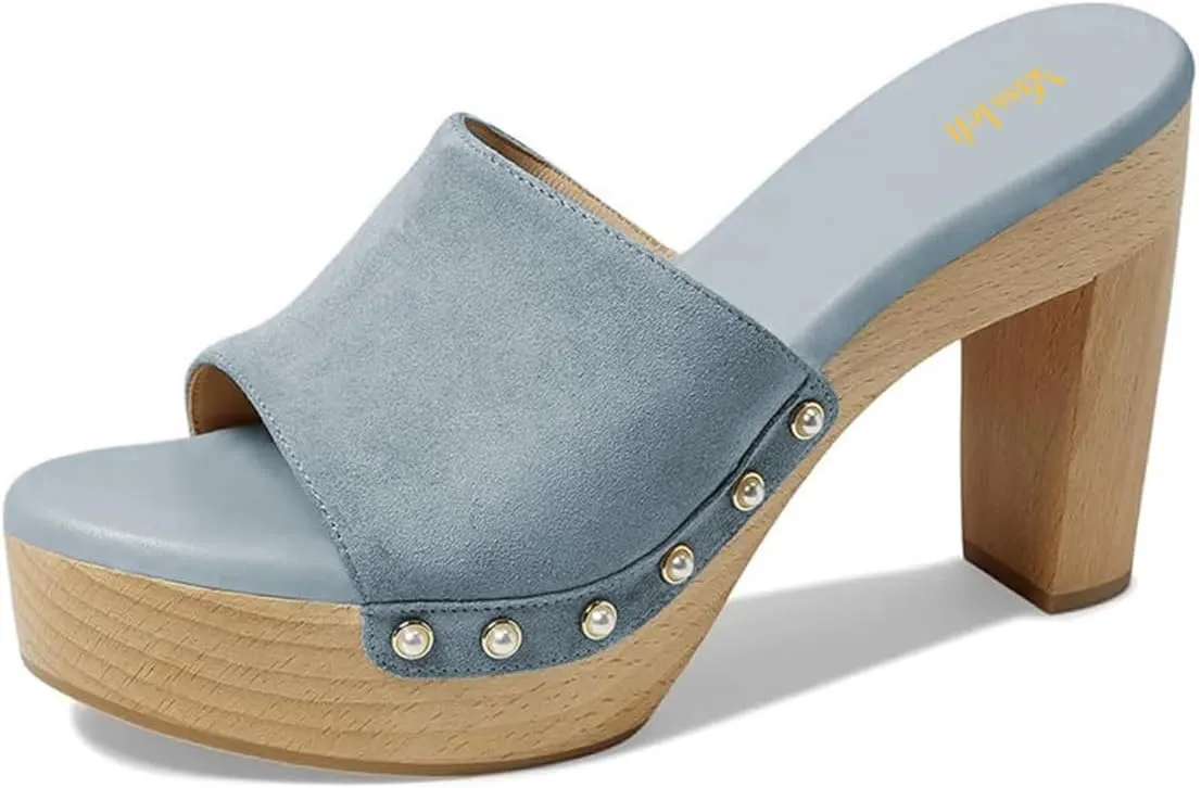 miss left Women Platform Chunky High Heel Mules Open Toe Studded Slide Sandals Slip on Party Dress Casual Shoes Size 4-16 US