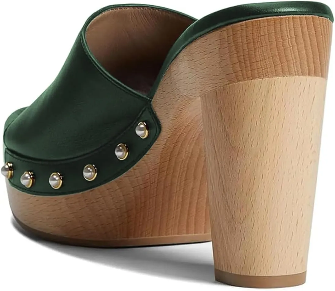 miss left Women Platform Chunky High Heel Mules Open Toe Studded Slide Sandals Slip on Party Dress Casual Shoes Size 4-16 US
