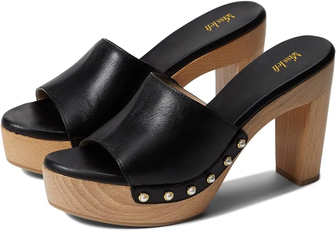 miss left Women Platform Chunky High Heel Mules Open Toe Studded Slide Sandals Slip on Party Dress Casual Shoes Size 4-16 US