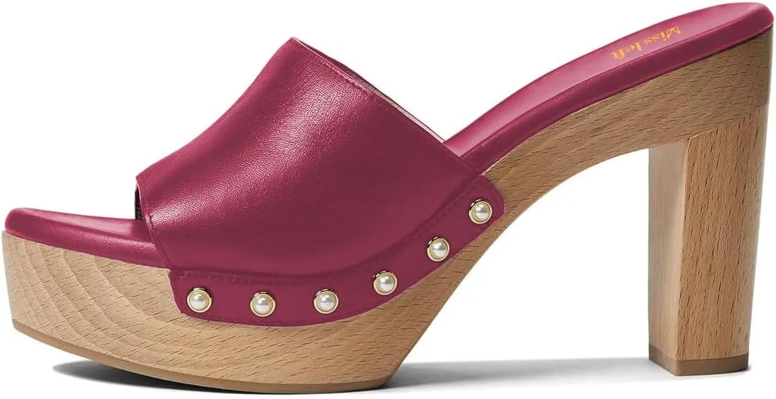 miss left Women Platform Chunky High Heel Mules Open Toe Studded Slide Sandals Slip on Party Dress Casual Shoes Size 4-16 US
