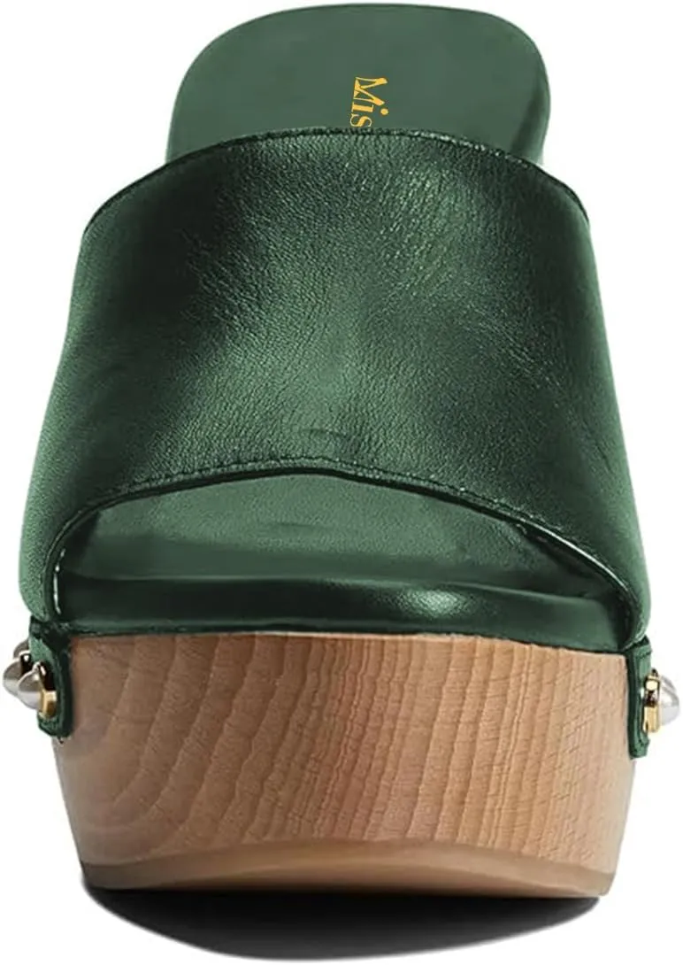 miss left Women Platform Chunky High Heel Mules Open Toe Studded Slide Sandals Slip on Party Dress Casual Shoes Size 4-16 US